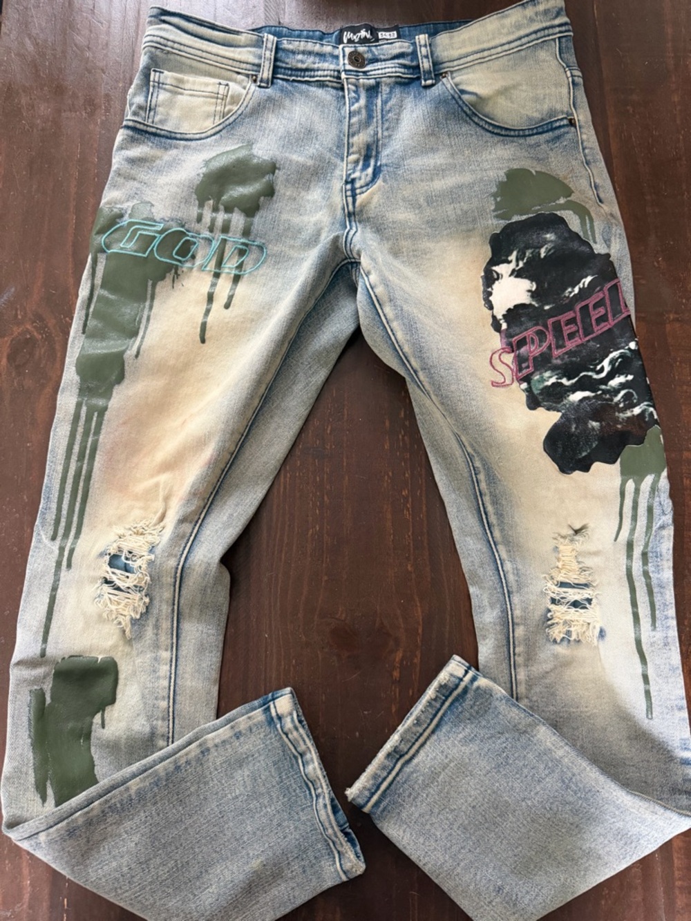Motive Jeans Urban StreetWear ‘God Speed’ Distressed & Painted Jeans Size 34x32